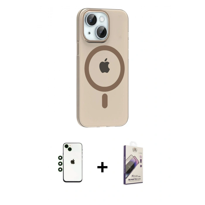MARSİLYAN™- iPhone 14 Kılıf Pusula Form Özel Seri - Siyah Bilvis 3D Mat Cam Ekran Koruyucu + Shine Kamera Lens - YL
