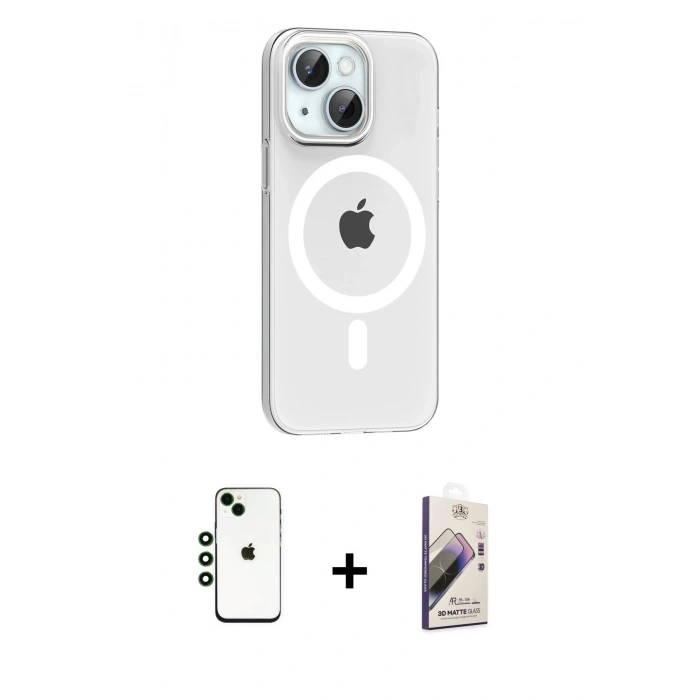 MARSİLYAN™- iPhone 14 Kılıf Pusula Form Özel Seri - Siyah Bilvis 3D Mat Cam Ekran Koruyucu + Shine Kamera Lens - YL