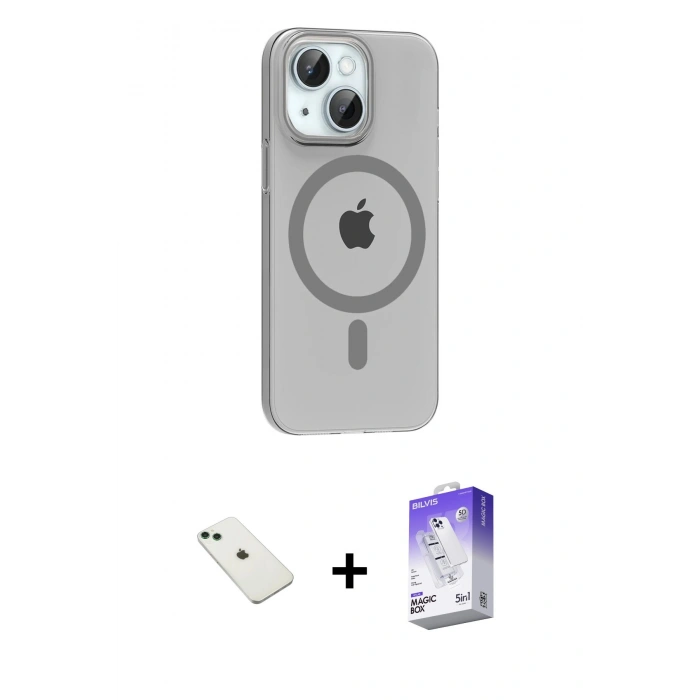 MARSİLYAN™- iPhone 14 Kılıf Pusula Form Özel Seri - Siyah Bilvis 5in1 3D Magic Cam Ekran Koruyucu + Diamond Kamera Lens - YL