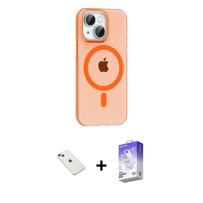 MARSİLYAN™- iPhone 14 Kılıf Pusula Form Özel Seri - Siyah Bilvis 5in1 3D Magic Cam Ekran Koruyucu + Diamond Kamera Lens - YL