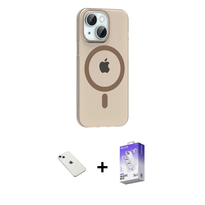 MARSİLYAN™- iPhone 14 Kılıf Pusula Form Özel Seri - Siyah Bilvis 5in1 3D Magic Cam Ekran Koruyucu + Diamond Kamera Lens - YL