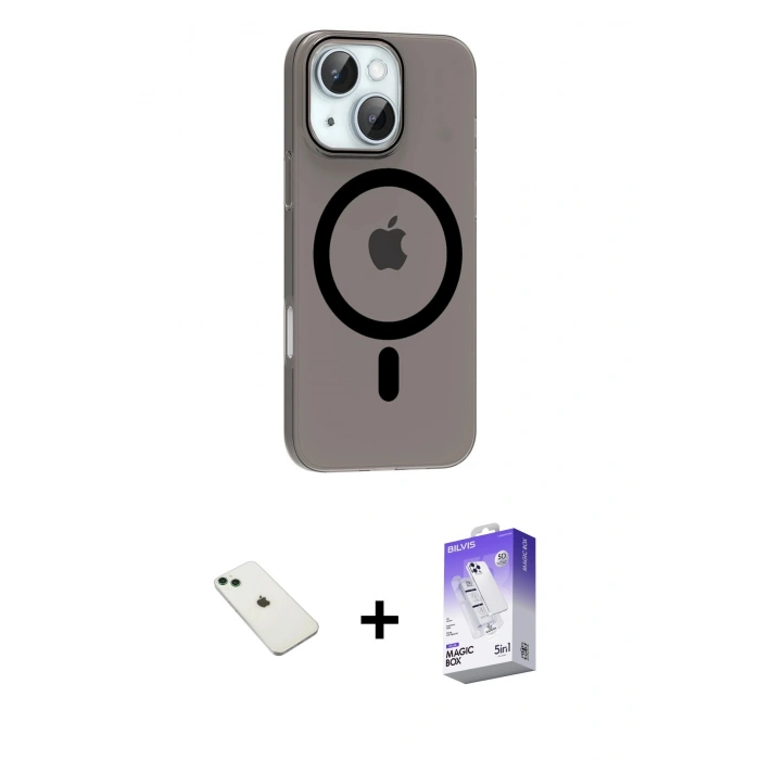 MARSİLYAN™- iPhone 14 Kılıf Pusula Form Özel Seri - Siyah Bilvis 5in1 3D Magic Cam Ekran Koruyucu + Diamond Kamera Lens - YL