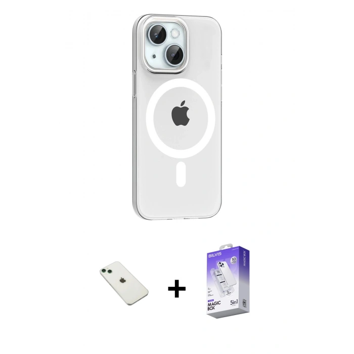 MARSİLYAN™- iPhone 14 Kılıf Pusula Form Özel Seri - Siyah Bilvis 5in1 3D Magic Cam Ekran Koruyucu + Diamond Kamera Lens - YL