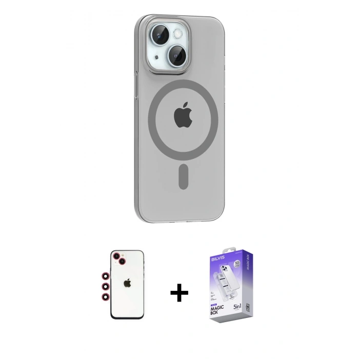 MARSİLYAN™- iPhone 14 Kılıf Pusula Form Özel Seri - Siyah Bilvis 5in1 3D Magic Cam Ekran Koruyucu + Shine Kamera Lens - KI