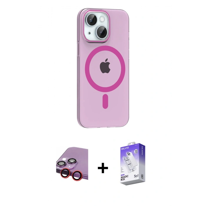 MARSİLYAN™- iPhone 14 Kılıf Pusula Form Özel Seri - Siyah Bilvis 5in1 3D Magic Cam Ekran Koruyucu + Raze Metal Kamera Lens - KI