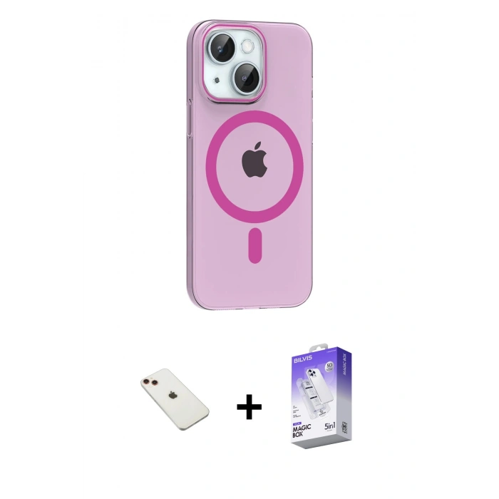 MARSİLYAN™- iPhone 14 Kılıf Pusula Form Özel Seri - Siyah Bilvis 5in1 3D Magic Cam Ekran Koruyucu + Kırmızı Diamond Kamera Lens