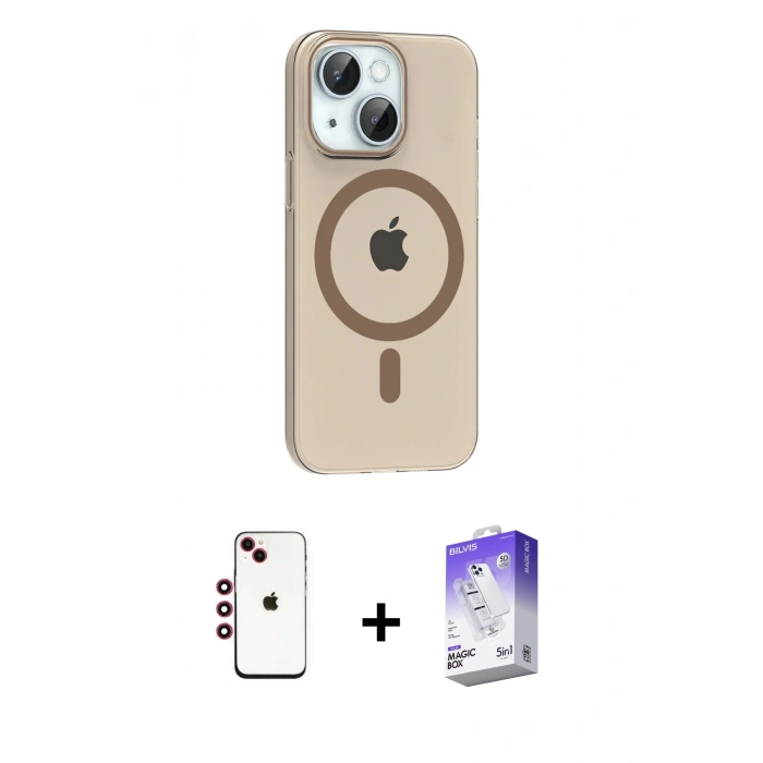 MARSİLYAN™- iPhone 14 Kılıf Pusula Form Özel Seri - Siyah Bilvis 5in1 3D Magic Cam Ekran Koruyucu + Shine Kamera Lens - KI