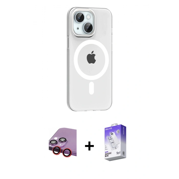MARSİLYAN™- iPhone 14 Kılıf Pusula Form Özel Seri - Siyah Bilvis 5in1 3D Magic Cam Ekran Koruyucu + Raze Metal Kamera Lens - KI