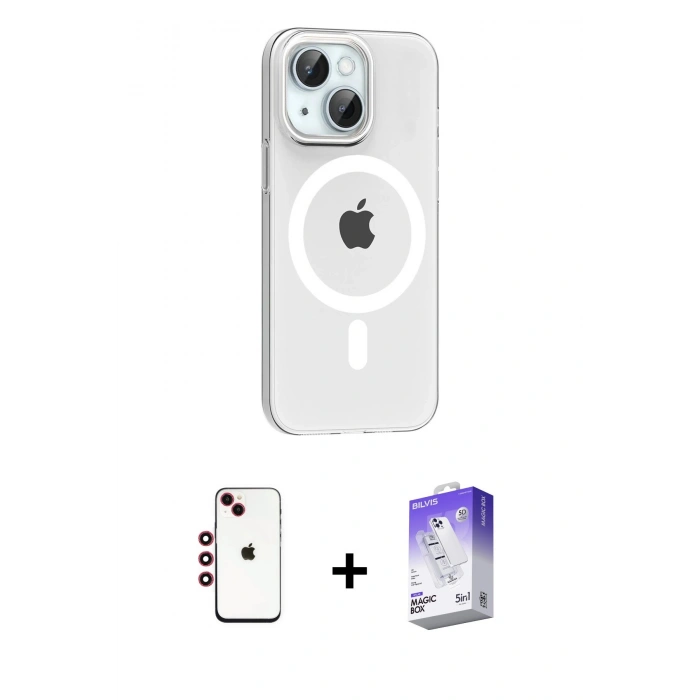 MARSİLYAN™- iPhone 14 Kılıf Pusula Form Özel Seri - Siyah Bilvis 5in1 3D Magic Cam Ekran Koruyucu + Shine Kamera Lens - KI
