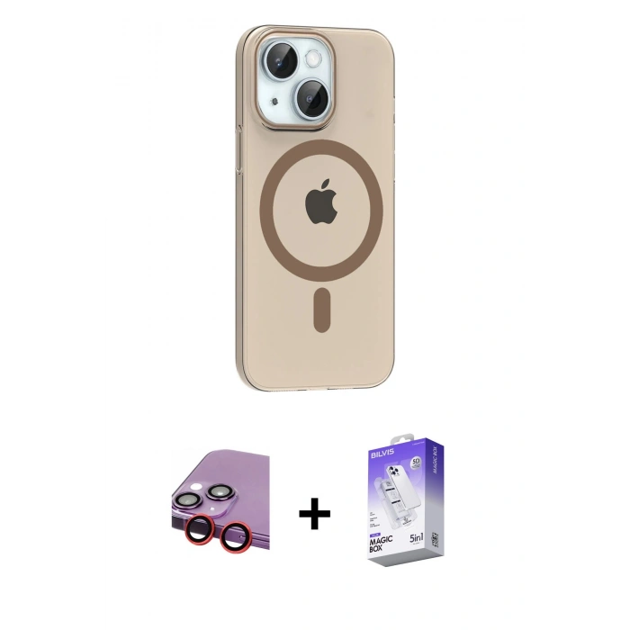 MARSİLYAN™- iPhone 14 Kılıf Pusula Form Özel Seri - Siyah Bilvis 5in1 3D Magic Cam Ekran Koruyucu + Raze Metal Kamera Lens - KI