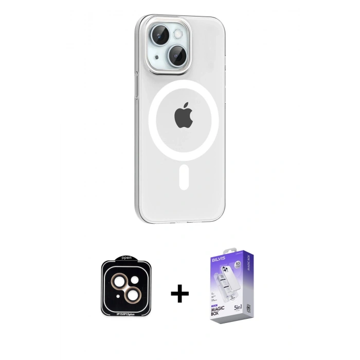 MARSİLYAN™- iPhone 14 Kılıf Pusula Form Özel Seri - Siyah Bilvis 5in1 3D Magic Cam Ekran Koruyucu + PVD Metal Kamera Lens - TU