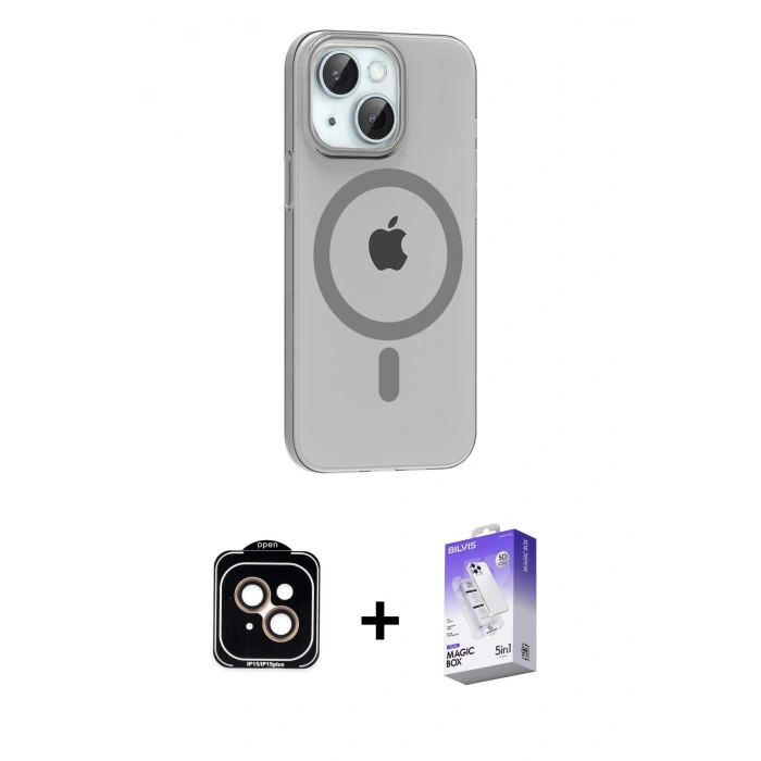 MARSİLYAN™- iPhone 14 Kılıf Pusula Form Özel Seri - Siyah Bilvis 5in1 3D Magic Cam Ekran Koruyucu + PVD Metal Kamera Lens - TU