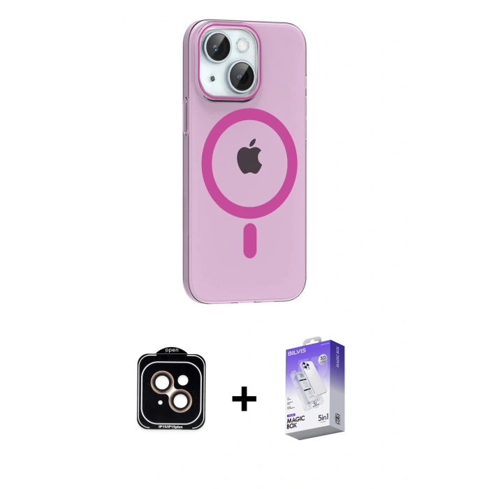 MARSİLYAN™- iPhone 14 Kılıf Pusula Form Özel Seri - Siyah Bilvis 5in1 3D Magic Cam Ekran Koruyucu + PVD Metal Kamera Lens - TU