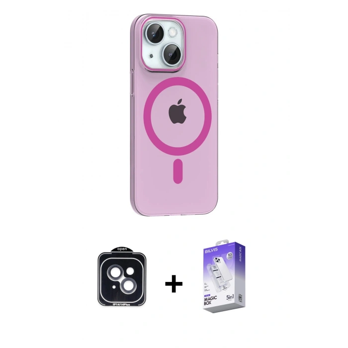 MARSİLYAN™- iPhone 14 Kılıf Pusula Form Özel Seri - Siyah Bilvis 5in1 3D Magic Cam Ekran Koruyucu + PVD Metal Kamera Lens - SH