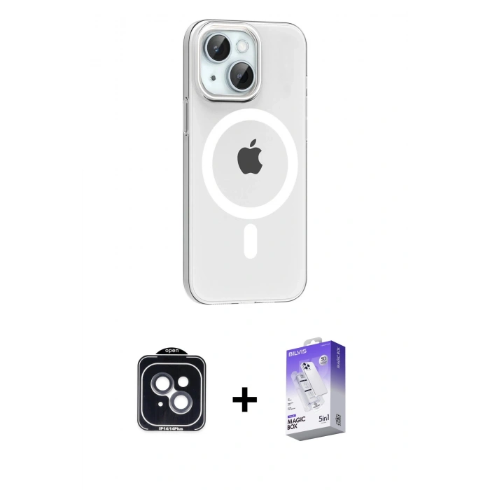 MARSİLYAN™- iPhone 14 Kılıf Pusula Form Özel Seri - Siyah Bilvis 5in1 3D Magic Cam Ekran Koruyucu + PVD Metal Kamera Lens - SH