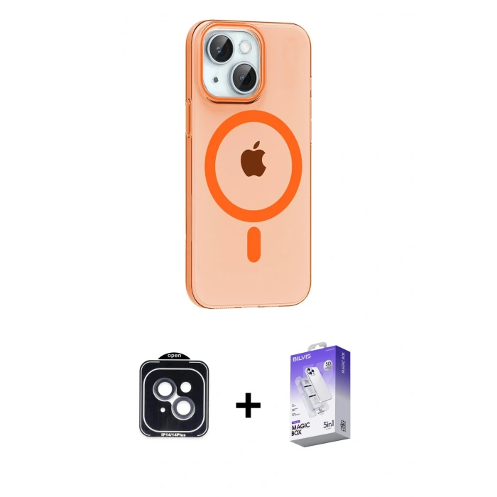 MARSİLYAN™- iPhone 14 Kılıf Pusula Form Özel Seri - Siyah Bilvis 5in1 3D Magic Cam Ekran Koruyucu + PVD Metal Kamera Lens - SH