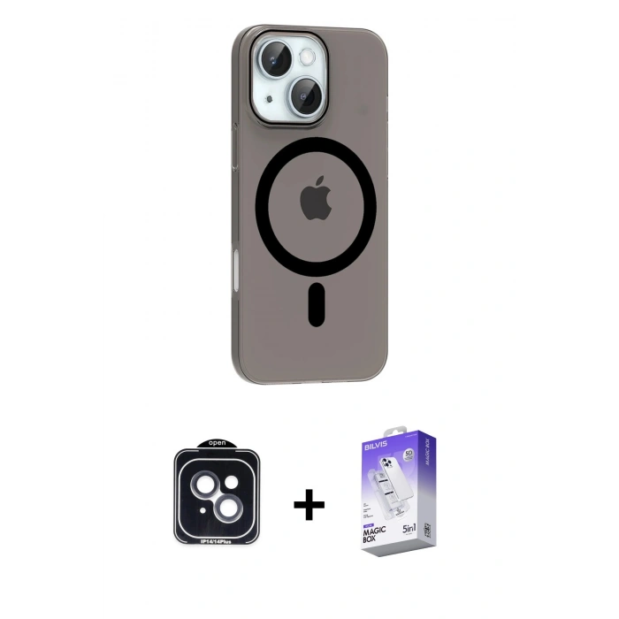 MARSİLYAN™- iPhone 14 Kılıf Pusula Form Özel Seri - Siyah Bilvis 5in1 3D Magic Cam Ekran Koruyucu + PVD Metal Kamera Lens - SH