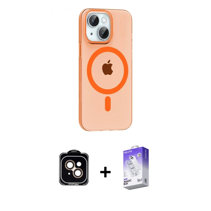 MARSİLYAN™- iPhone 14 Kılıf Pusula Form Özel Seri - Siyah Bilvis 5in1 3D Magic Cam Ekran Koruyucu + PVD Metal Kamera Lens - TU