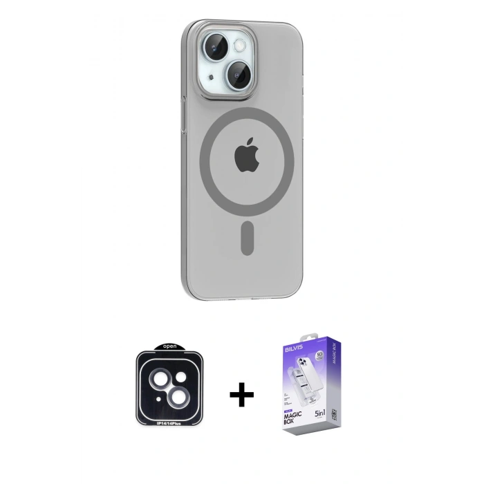 MARSİLYAN™- iPhone 14 Kılıf Pusula Form Özel Seri - Siyah Bilvis 5in1 3D Magic Cam Ekran Koruyucu + PVD Metal Kamera Lens - SH