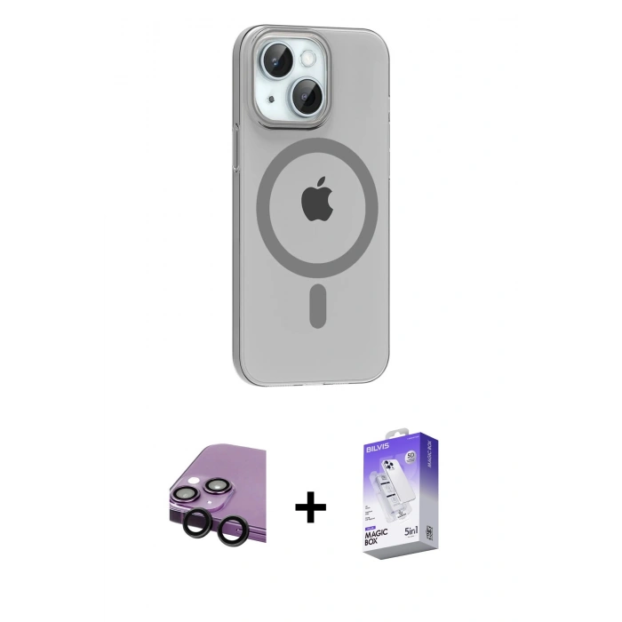 MARSİLYAN™- iPhone 14 Kılıf Pusula Form Özel Seri - Siyah Bilvis 5in1 3D Magic Cam Ekran Koruyucu + Raze Metal Kamera Lens - SH