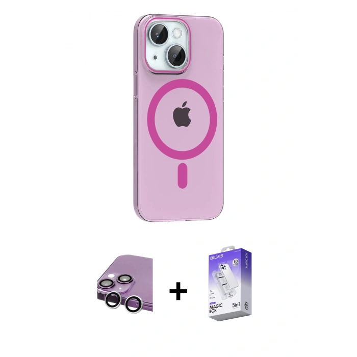 MARSİLYAN™- iPhone 14 Kılıf Pusula Form Özel Seri - Siyah Bilvis 5in1 3D Magic Cam Ekran Koruyucu + Raze Metal Kamera Lens - GS