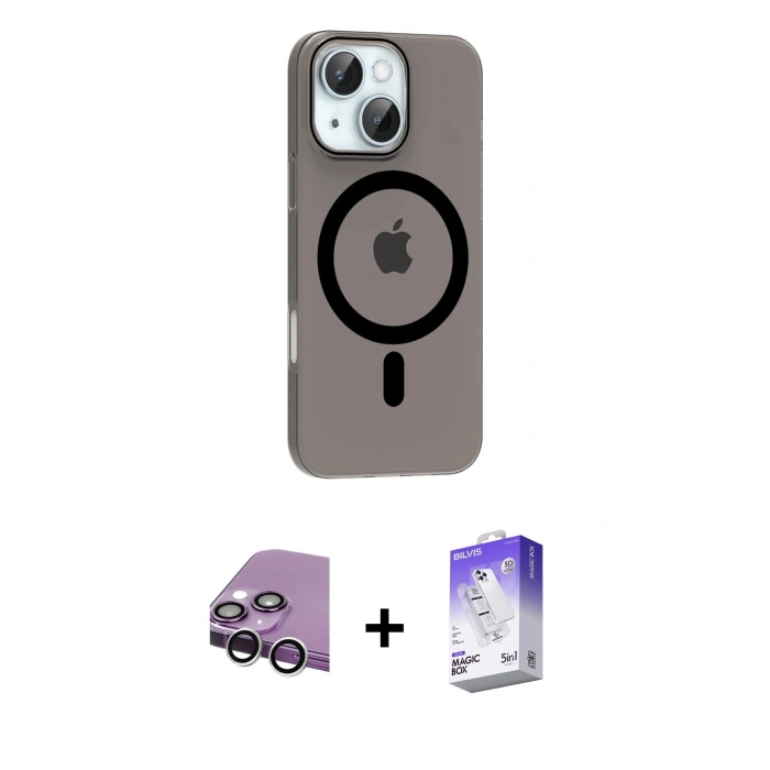MARSİLYAN™- iPhone 14 Kılıf Pusula Form Özel Seri - Siyah Bilvis 5in1 3D Magic Cam Ekran Koruyucu + Raze Metal Kamera Lens - GS