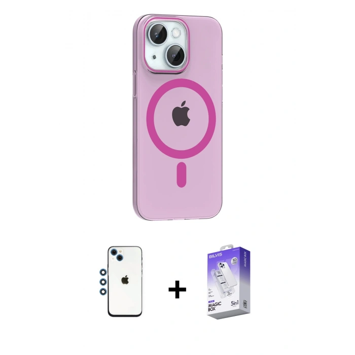 MARSİLYAN™- iPhone 14 Kılıf Pusula Form Özel Seri - Siyah Bilvis 5in1 3D Magic Cam Ekran Koruyucu + Shine Kamera Lens - MI