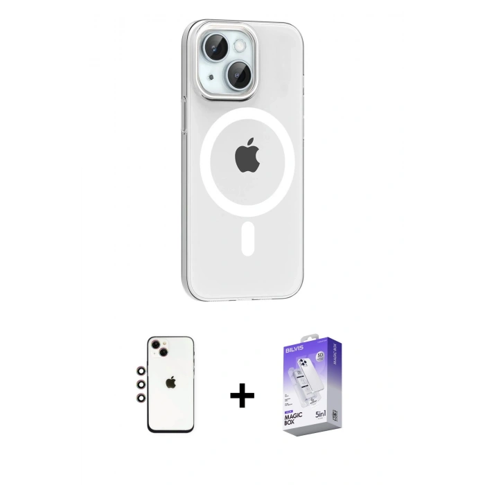 MARSİLYAN™- iPhone 14 Kılıf Pusula Form Özel Seri - Siyah Bilvis 5in1 3D Magic Cam Ekran Koruyucu + Shine Kamera Lens - GI