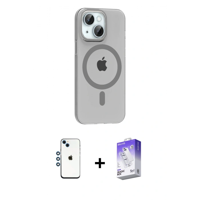 MARSİLYAN™- iPhone 14 Kılıf Pusula Form Özel Seri - Siyah Bilvis 5in1 3D Magic Cam Ekran Koruyucu + Shine Kamera Lens - MI
