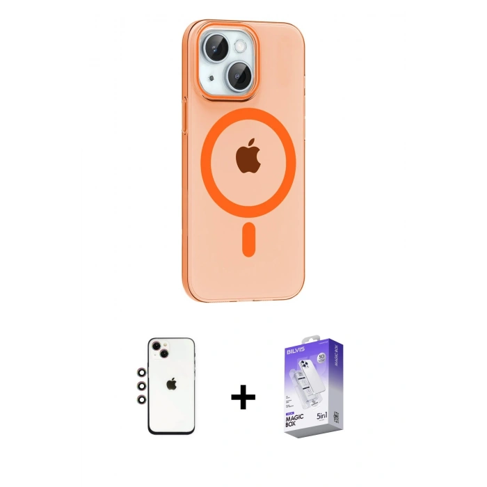 MARSİLYAN™- iPhone 14 Kılıf Pusula Form Özel Seri - Siyah Bilvis 5in1 3D Magic Cam Ekran Koruyucu + Shine Kamera Lens - GI