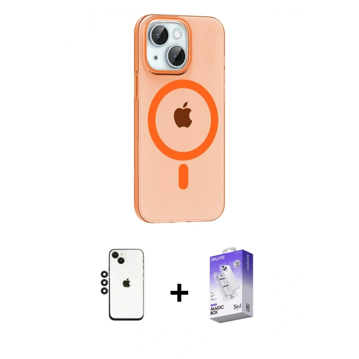 MARSİLYAN™- iPhone 14 Kılıf Pusula Form Özel Seri - Siyah Bilvis 5in1 3D Magic Cam Ekran Koruyucu + Shine Kamera Lens - SH