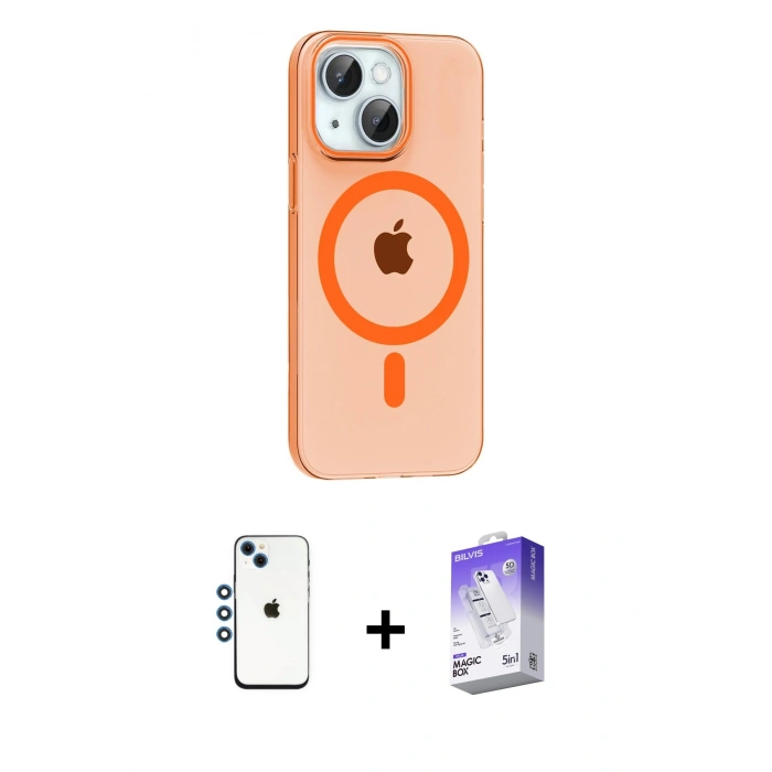 MARSİLYAN™- iPhone 14 Kılıf Pusula Form Özel Seri - Siyah Bilvis 5in1 3D Magic Cam Ekran Koruyucu + Shine Kamera Lens - MI