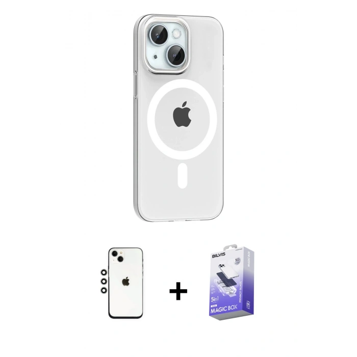 MARSİLYAN™- iPhone 14 Kılıf Pusula Form Özel Seri - Siyah Bilvis 5in1 5D Magic Hayalet Cam Ekran Koruyucu + Gümüş Shine Kamera Lens