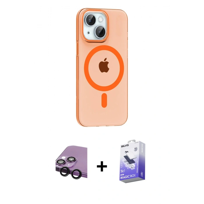 MARSİLYAN™- iPhone 14 Kılıf Pusula Form Özel Seri - Siyah Bilvis 5in1 5D Magic Hayalet Cam Ekran Koruyucu + Raze Metal Kamera Lens - SH