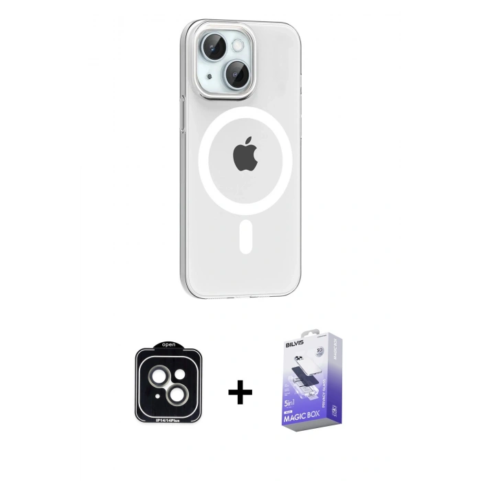 MARSİLYAN™- iPhone 14 Kılıf Pusula Form Özel Seri - Siyah Bilvis 5in1 5D Magic Hayalet Cam Ekran Koruyucu + PVD Metal Kamera Lens - YL