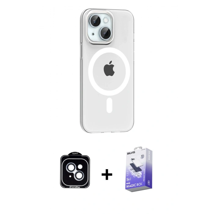 MARSİLYAN™- iPhone 14 Kılıf Pusula Form Özel Seri - Siyah Bilvis 5in1 5D Magic Hayalet Cam Ekran Koruyucu + PVD Metal Kamera Lens - MI