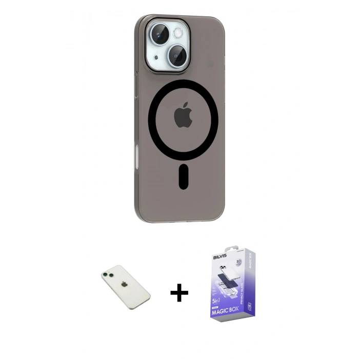 MARSİLYAN™- iPhone 14 Kılıf Pusula Form Özel Seri - Siyah Bilvis 5in1 5D Magic Hayalet Cam Ekran Koruyucu + Yeşil Diamond Kamera Lens