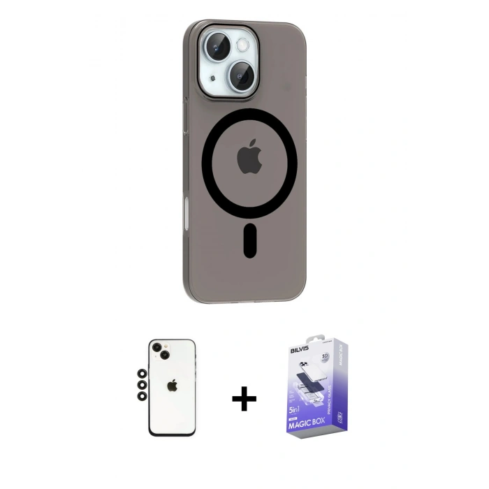 MARSİLYAN™- iPhone 14 Kılıf Pusula Form Özel Seri - Siyah Bilvis 5in1 5D Magic Hayalet Cam Ekran Koruyucu + Siyah Shine Kamera Lens