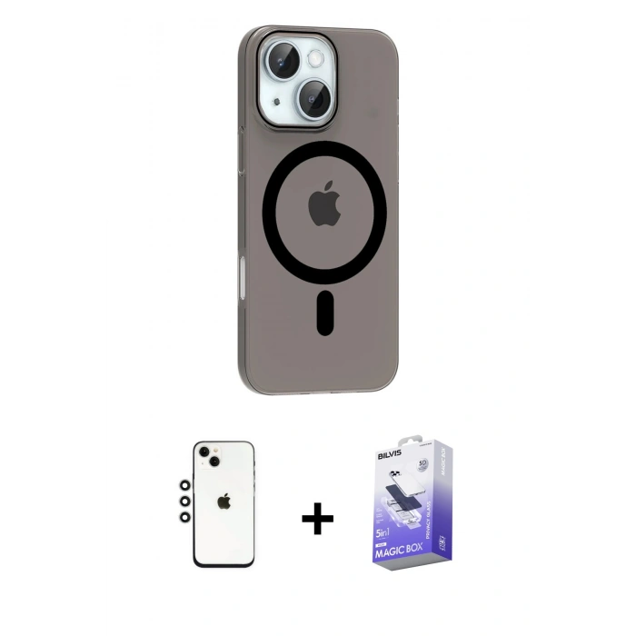 MARSİLYAN™- iPhone 14 Kılıf Pusula Form Özel Seri - Siyah Bilvis 5in1 5D Magic Hayalet Cam Ekran Koruyucu + Gümüş Shine Kamera Lens