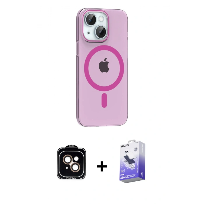 MARSİLYAN™- iPhone 14 Kılıf Pusula Form Özel Seri - Siyah Bilvis 5in1 5D Magic Hayalet Cam Ekran Koruyucu + Turuncu PVD Metal Kamera Lens
