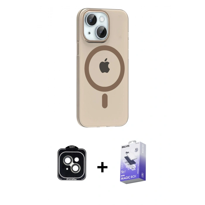 MARSİLYAN™- iPhone 14 Kılıf Pusula Form Özel Seri - Siyah Bilvis 5in1 5D Magic Hayalet Cam Ekran Koruyucu + PVD Metal Kamera Lens - YL