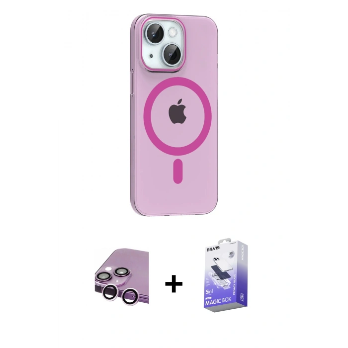 MARSİLYAN™- iPhone 14 Kılıf Pusula Form Özel Seri - Siyah Bilvis 5in1 5D Magic Hayalet Cam Ekran Koruyucu + Raze Metal Kamera Lens - MR