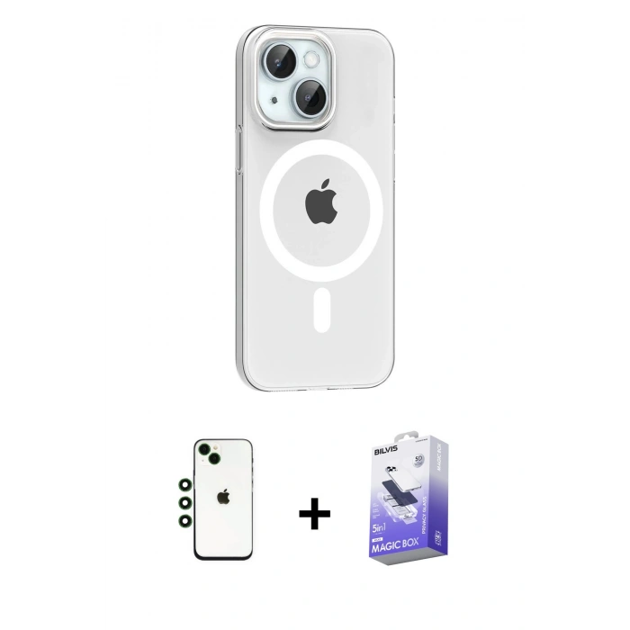 MARSİLYAN™- iPhone 14 Kılıf Pusula Form Özel Seri - Siyah Bilvis 5in1 5D Magic Hayalet Cam Ekran Koruyucu + Yeşil Shine Kamera Lens