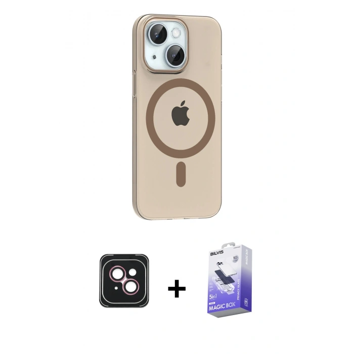 MARSİLYAN™- iPhone 14 Kılıf Pusula Form Özel Seri - Siyah Bilvis 5in1 5D Magic Hayalet Cam Ekran Koruyucu + PVD Metal Kamera Lens - PE