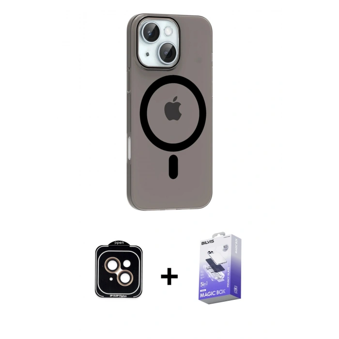 MARSİLYAN™- iPhone 14 Kılıf Pusula Form Özel Seri - Siyah Bilvis 5in1 5D Magic Hayalet Cam Ekran Koruyucu + Turuncu PVD Metal Kamera Lens