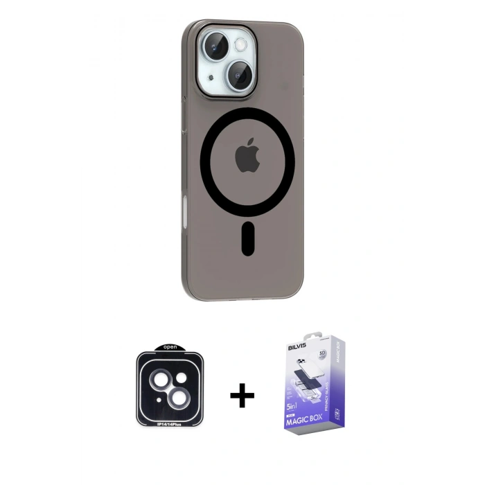 MARSİLYAN™- iPhone 14 Kılıf Pusula Form Özel Seri - Siyah Bilvis 5in1 5D Magic Hayalet Cam Ekran Koruyucu + PVD Metal Kamera Lens - SH