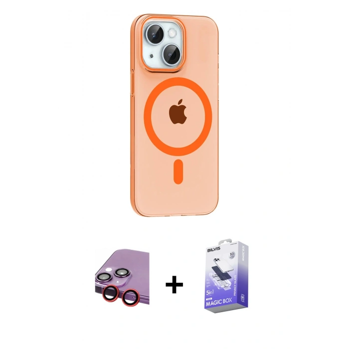MARSİLYAN™- iPhone 14 Kılıf Pusula Form Özel Seri - Siyah Bilvis 5in1 5D Magic Hayalet Cam Ekran Koruyucu + Raze Metal Kamera Lens - KI