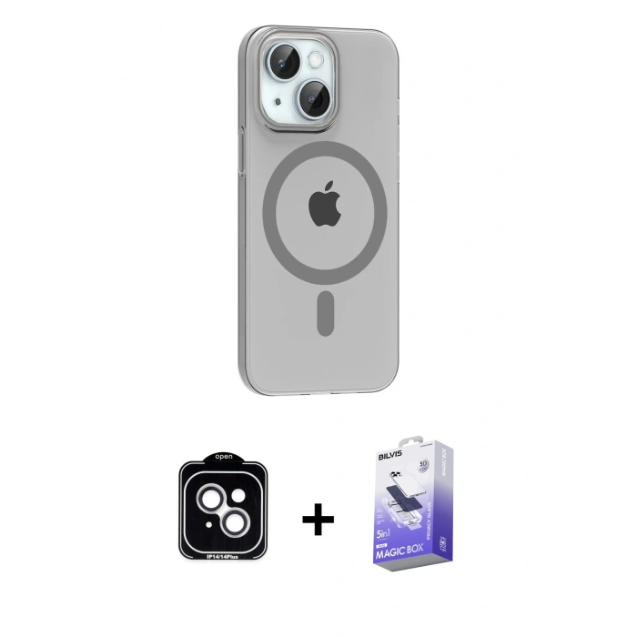 MARSİLYAN™- iPhone 14 Kılıf Pusula Form Özel Seri - Siyah Bilvis 5in1 5D Magic Hayalet Cam Ekran Koruyucu + PVD Metal Kamera Lens - GS