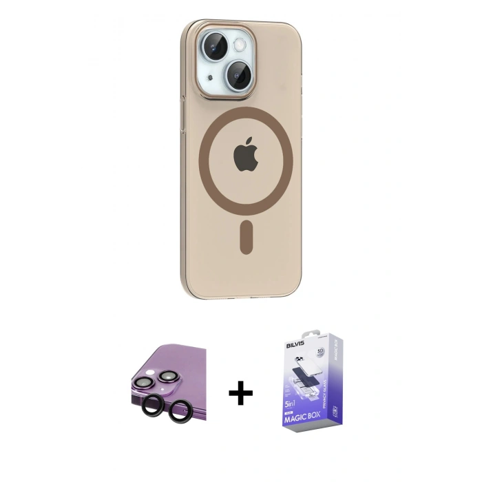 MARSİLYAN™- iPhone 14 Kılıf Pusula Form Özel Seri - Siyah Bilvis 5in1 5D Magic Hayalet Cam Ekran Koruyucu + Raze Metal Kamera Lens - SH