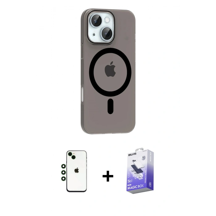 MARSİLYAN™- iPhone 14 Kılıf Pusula Form Özel Seri - Siyah Bilvis 5in1 5D Magic Hayalet Cam Ekran Koruyucu + Yeşil Shine Kamera Lens